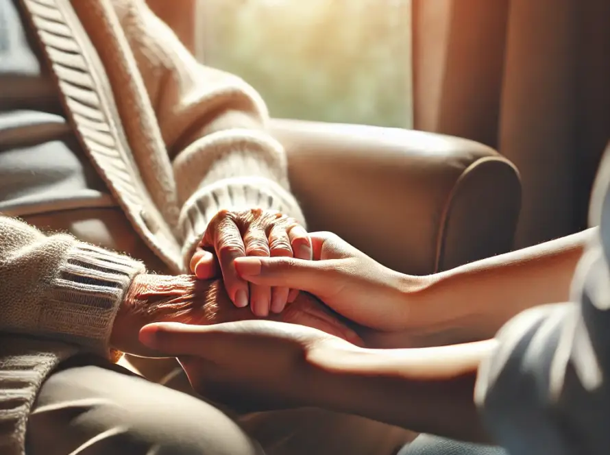 Une photographie en gros plan d'une personne âgée assise dans un fauteuil confortable