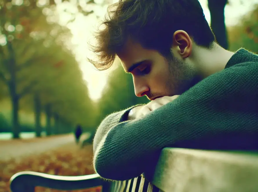 Une photographie en gros plan d'une personne assise seule sur un banc dans un parc, par une journée légèrement nuageuse.