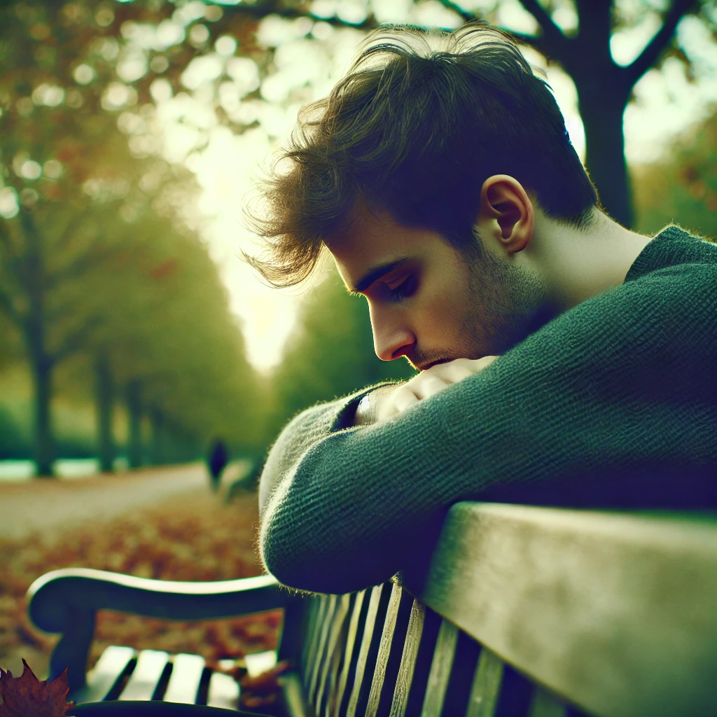 Une photographie en gros plan d'une personne assise seule sur un banc dans un parc, par une journée légèrement nuageuse.