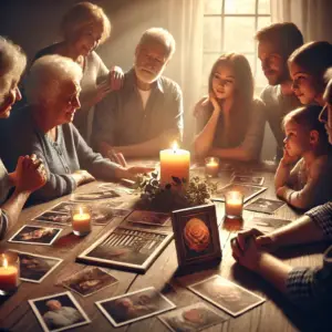 Une scène photoréaliste montrant une famille réunie autour d'une table avec des photos et des souvenirs de leurs proches disparus.