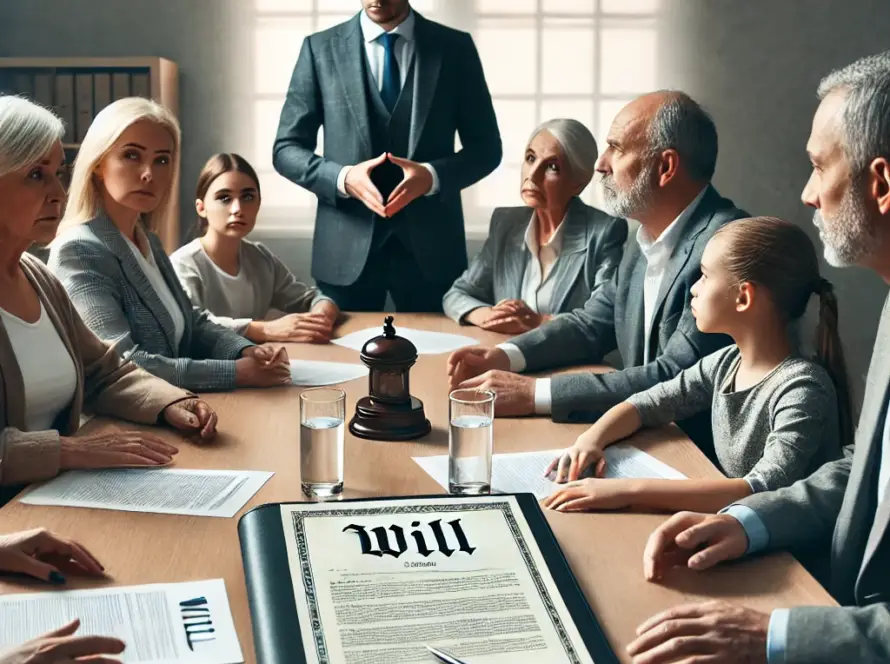 Une photographie réaliste et sobre représentant une famille en plein désaccord autour d'une table de conférence.